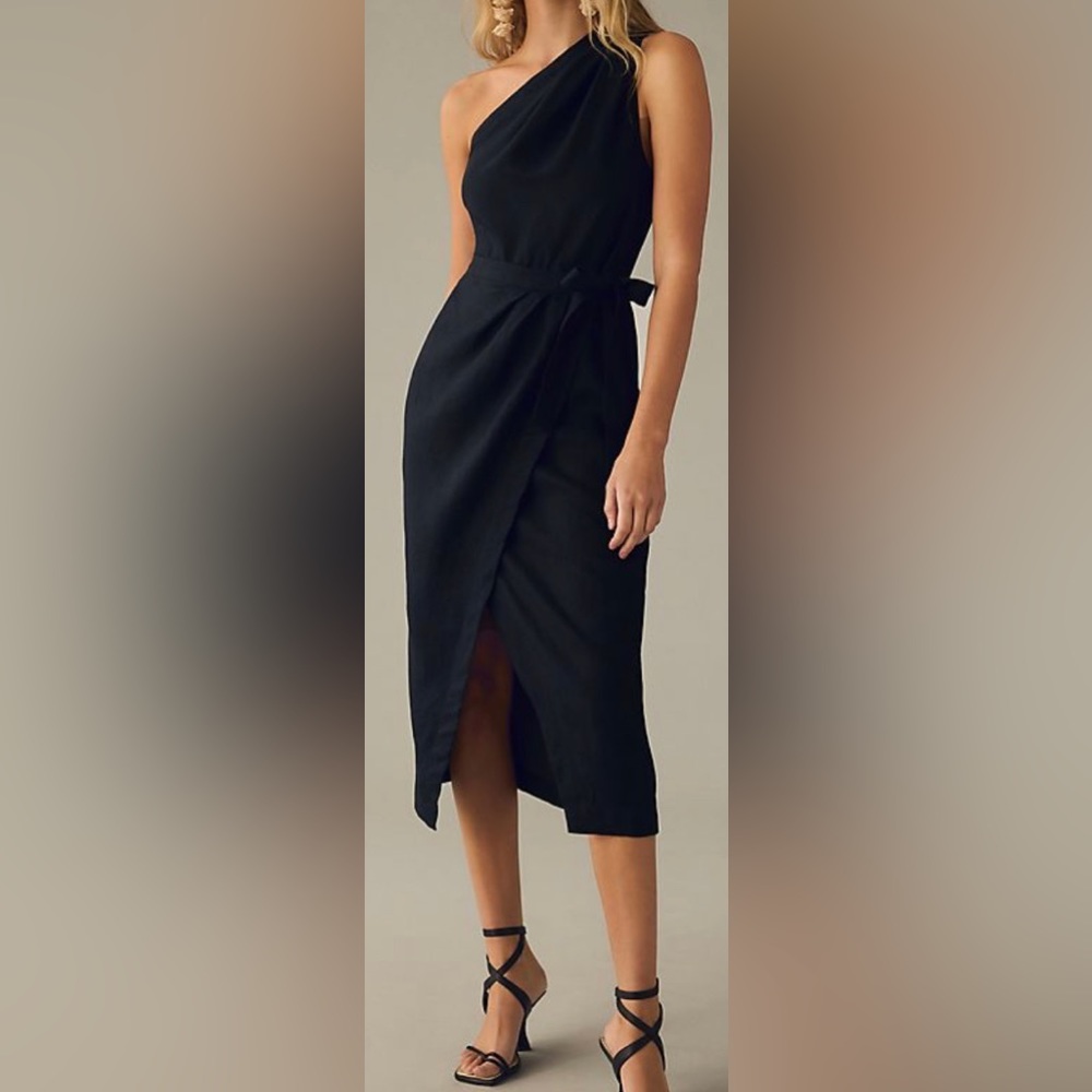 Anthropologie One-Shoulder Linen Dress in Black, size 14